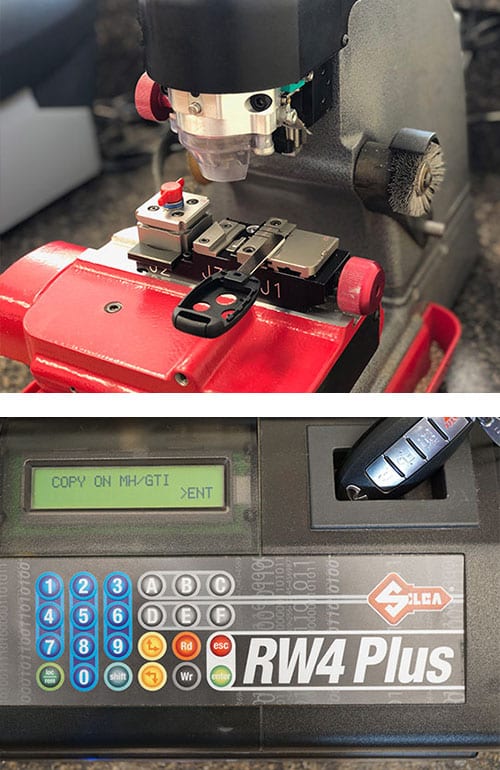 We can cut high-security automotive keys (top), and program fobs, remotes, and transponder head keys (bottom) on site in our locksmith vans.