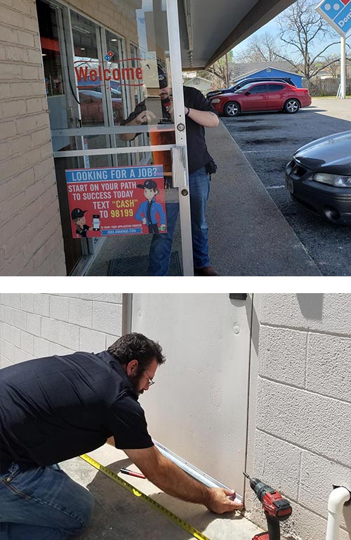 Some recent commercial jobs: Repaired the crash bar on the front door of a local Domino's Pizza (top), and added commercial-grade weather stripping to the bottom of a local client's back door. (bottom)