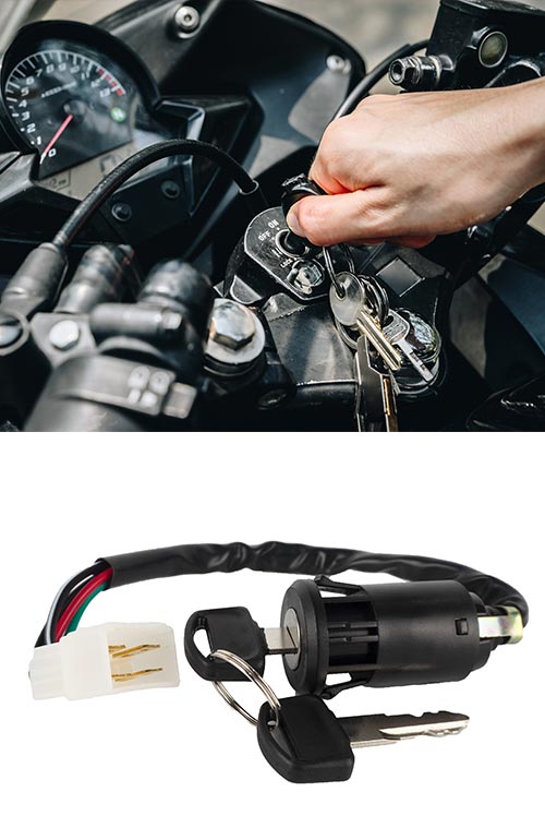 Motorcycle key in the ignition lock (top) and an ignition (bottom)