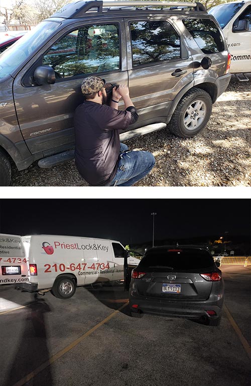 If you've lost your keys or locked them in your vehicle, our skilled locksmiths can quickly and safely open your car door (top), and we're available in the middle of the night too (bottom).