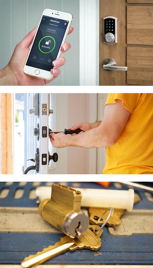 Residential services we provide: Smart Lock installation (top), deadbolt installation/repair (middle), and lock rekeying (bottom).