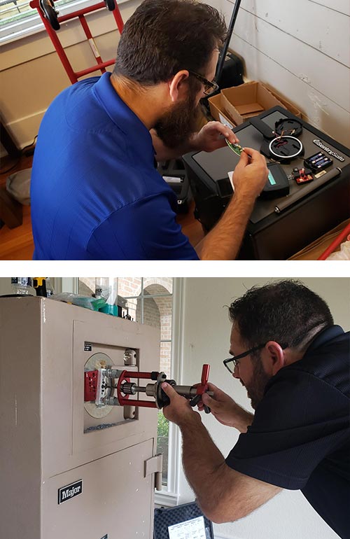 Lock repair on a small safe (top) drilling the lock on a safe (bottom)